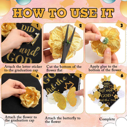 Solsew 35 Pcs DIY Graduation Cap Decorations Kit, Include Faux Flower 3D Butterfly Graduation Quote Glitter Sticker Pearl Rhinestone for Grad Hat Topper Cover Craft Gift(Creamy White,Gold,White)