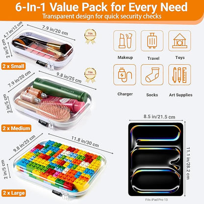 YQBRAO 6 Pack Clear Hard Shell Zipper Case, 1.2mm Heavy Duty Crush-Proof Diaper Bag Organizer Pouches, TSA Approved Travel Makeup Bag for Toiletries & Electronics, (2L, 2M, 2S) Multi-Size Storage Set