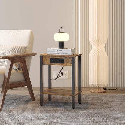 End Table with Charging Station, 2-Tier Nightstand with Storage Shelf,Modern Side Table,Bedside Table for Small Space in Living Room, Bedroom, Sofa Couch and Balcony, Rustic Brown MLBZ14RE