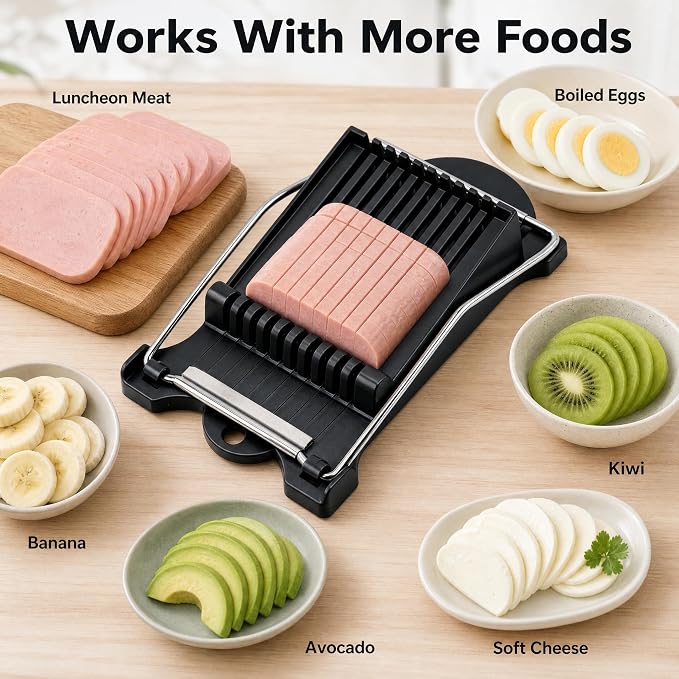 FENGCHEN Luncheon Meat Slicer, Spam Cutter with 10 Stainless Steel Wires, Slice Tool for Boiled Eggs, Banana, Avocado, Black