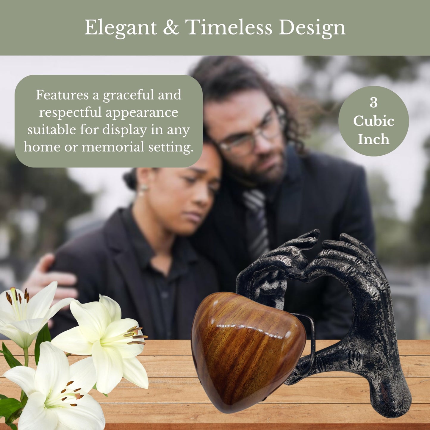 ZAHANAARA Wooden Heart Urn for Ashes Adult Male & Female |Handcrafted Memorial Box for Funeral|Memorial Gifts, Ashes Keepsake | Aluminum Cremation Urns|Unique Tribute in Hands Design - Silver, 3 cu in