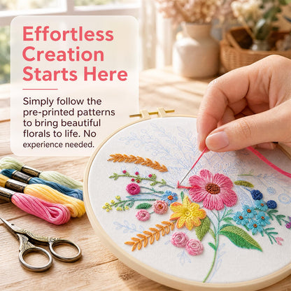 Huacan Embroidery Kit for Beginners Flower Pattern Printed Fabric with Hoop & Full Tools