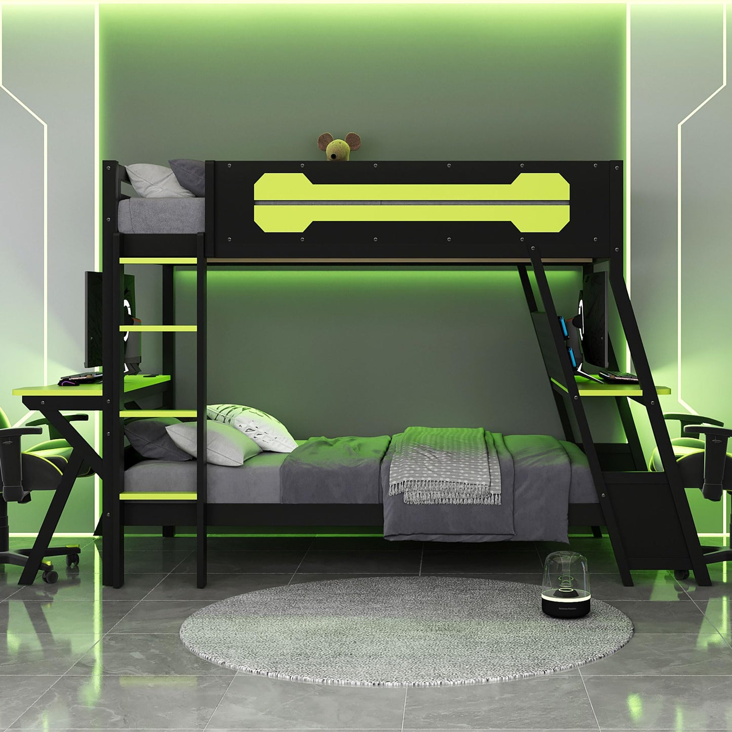 DNYN Gaming Bunk Bed with Dual Built-in Desks and USB Ports for Teens/Adults Bedroom, Twin Size Wooden Bed Frame with Pegboard Organizer/Ladder/Guardrails, No Box Spring Needed & Space-Saving