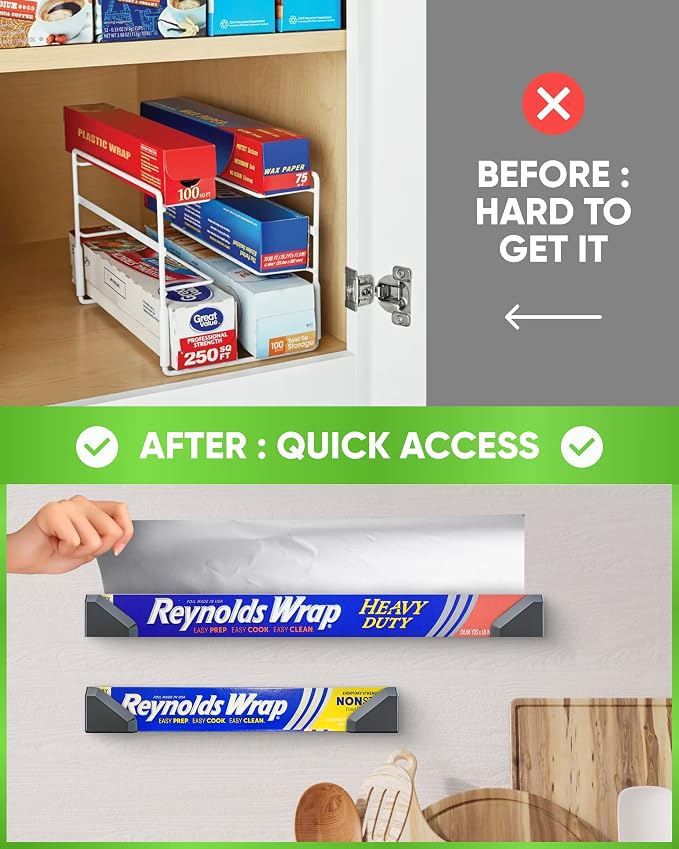 Skywin Adhesive Foil and Plastic Wrap Organizer Black, Fits Box Width up to 1.77in/45mm Aluminum Foil Organization and Storage – Aluminum Foil Heavy Duty Holder Aluminum Foil Dispenser