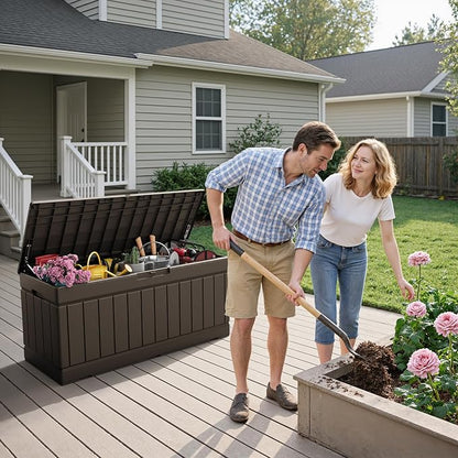 Flamaker Outdoor Storage Box 80 Gallon Resin Waterproof Deck Box Delivery Box with Wood Texture Large Storage Bin for Patio Cushions (Brown)