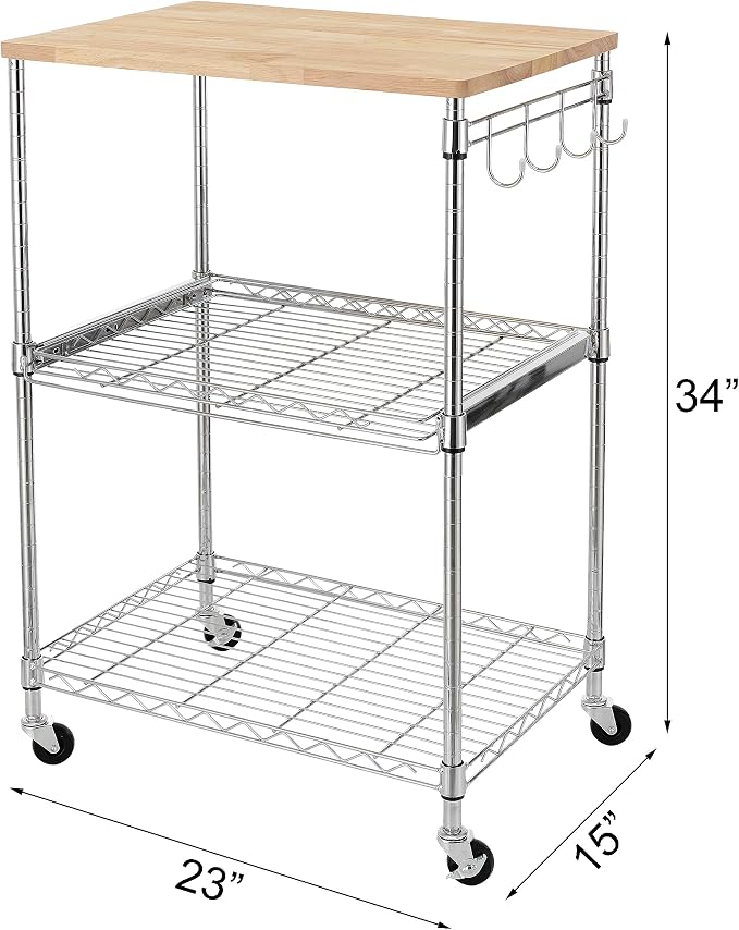 Finnhomy 3-Tier Rolling Kitchen Cart, Microwave Cart with Oak Wood Tabletop and Drawer Slider, Coffee Cart & Food Service Cart with Hooks, Chrome