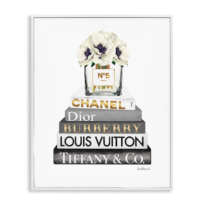 Stupell Industries Blooming White Floral Display on Glam Designer Bookstack Wall Art, 11 x 14, Black Framed