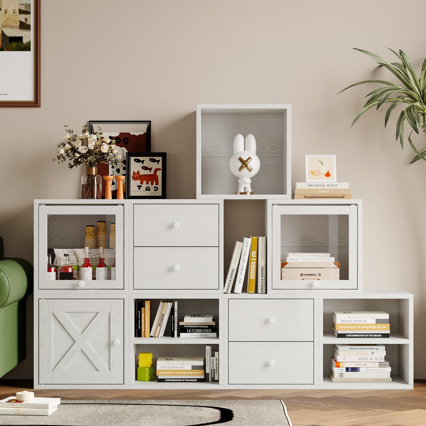 FUSUNBAO Magic DIY Cube Storage Organizer Stackable Cubes for Home Books Clothes Toy-Modular Cubby Storage System-Office Cubical-Bookcase Closet (Pure White-Washed, Door Cube)