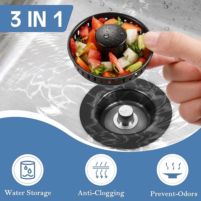 Kitchen Sink Drain Strainer 3 in 1, 304 Stainless Steel Pop Up Sink Stopper