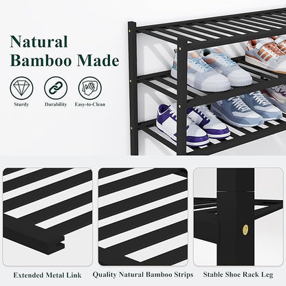 Smiry Bamboo Shoe Rack, 2 Tier Free Standing Wooden Shoe Organizer, Stackable Wood Shoe Storage Shelf for Closet, Entryway, 14 Vertical Slats, One-piece Heavy-Duty Legs, 26.8"x11"x13", Black