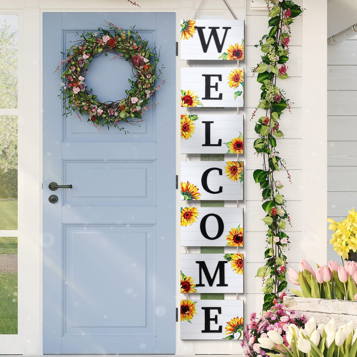 Threan 59 Inch Sunflower Welcome Signs Wooden Porch 3D Welcome Hanging Wall Rustic Wooden Signs with 7 Sunflower Panels Farmhouse Front Porch Summer Outdoor Decor Home Kitchen Garden