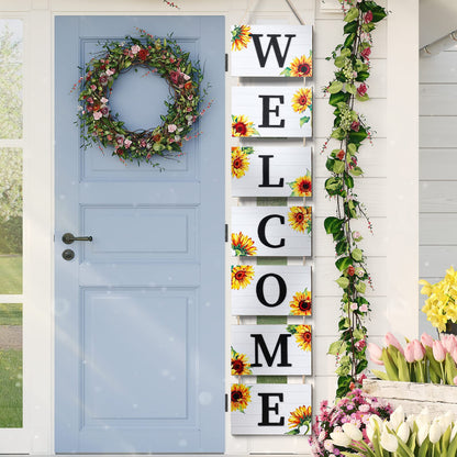 Threan 59 Inch Sunflower Welcome Signs Wooden Porch 3D Welcome Hanging Wall Rustic Wooden Signs with 7 Sunflower Panels Farmhouse Front Porch Summer Outdoor Decor Home Kitchen Garden
