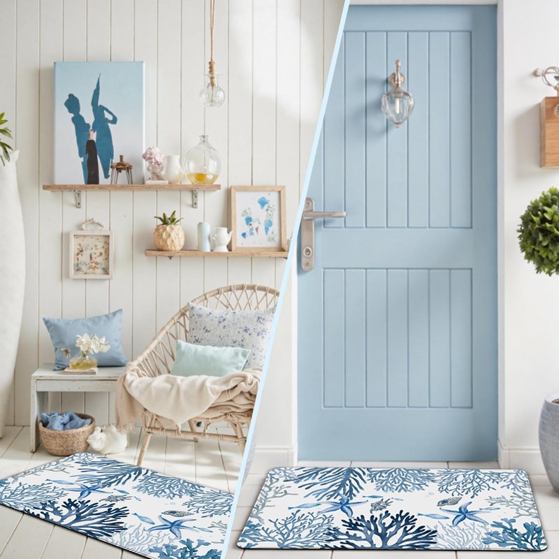 Kitchen Mats for Floor Cushioned Anti Fatigue Sets of 2 Coastal Kitchen Rugs Non Slip Waterproof Nautical Foam Kitchen Floor Rug Beach Theme Coral Fish Comfort Standing Mat for Sink Laundry, Blue