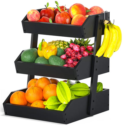 Gmtsl Bamboo Fruit Basket for Kitchen – 3 Tier Fruit Bowl For Kitchen Counter, Large Fruit Holder With 2 Banana Hangers, Idea For Fruit and Vegetable Storage, Bread Basket, Snack Organizer(BLACK)