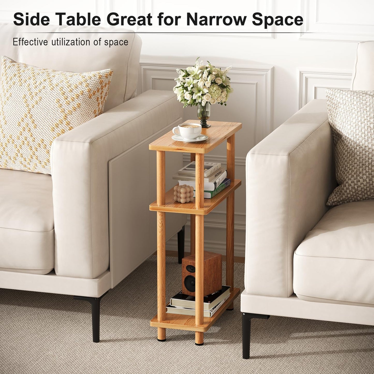 Apicizon Small Narrow Side Table, 3-Tier Skinny End Table for Small Spaces, Slim Nightstand with Storage Shelf, Bedside Table for Living Room, Bedroom, Natural