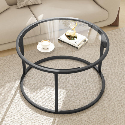 Round Coffee Table,Small Black Coffee Table for Living Room,27" Modern Center Table,Glass Top Clear Coffee Table with Sturdy Metal Frame for for Living Room Home Office, Easy Assembly,Black