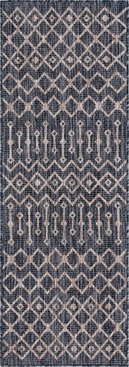 Unique Loom Outdoor Trellis Collection Area Rug - Tribal Trellis (2' x 6' 1" Runner, Charcoal Gray/ Natural)