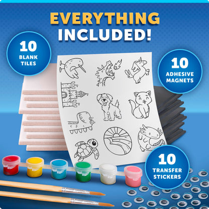 Blue Marble Magnetic Tile Art Craft Kit - Paint Your Own Magnetic Mini Tiles, Includes 10 Tiles, Magnets, 6 Paints, Brush, Googly Eyes & Transfer Stickers, Magnet Art Kit, DIY Magnets for Kids