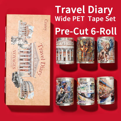 Cratey 6-Roll Pre-Cut Travel Diary Wide PET Washi Tape Set - Transparent Scrapbooking Supplies, Journaling, and Crafting - Decorative Stickers, Planner Arts, and Collage