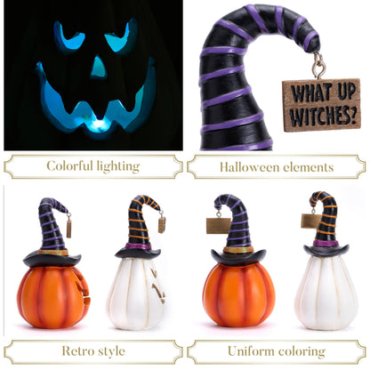 Valery Madelyn Pumpkin Halloween Decorations Indoor for Home, 2Pcs Resin Halloween Figurines with Light, White and Orange Jack o Lantern Decor with Witch Hat for Table Tiered Tray, 5.7" Tall
