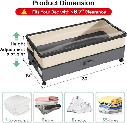 Kitstorack 2Pack Height-adjustable Under Bed Storage with Wheels, Under Bed Storage Containers,Under Bed Shoe Storage Organizer with Clear Window&Label, Suitable for Clothes Storage, Beige & Gray