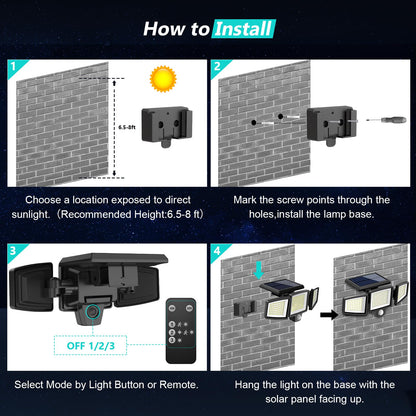 Tuffenough Solar Outdoor Lights 2500LM 210 LED Security Lights with Remote Control,3 Heads Motion Sensor Lights, IP65 Waterproof,270° Wide Angle Flood Wall Lights with 3 Modes (1 Pack)