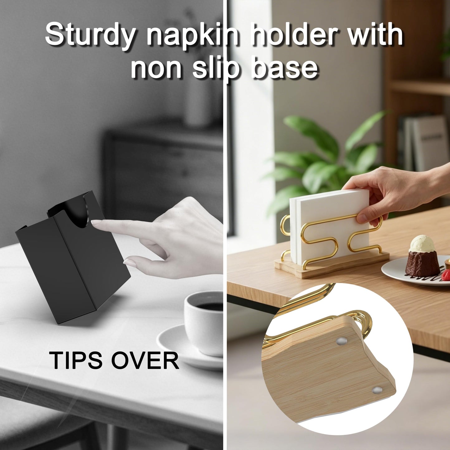 LUGUNU Bamboo Gold Napkin Holder Set, Non-Slip Base for Kitchen Counter