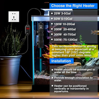 Aquarium Heater 100W, Submersible Fish Tank Heater with LED Digital Display, Auto Power-Off When Leaving Water & High Temp Protection, for Fresh and Salt Water Tanks 10-20 Gal