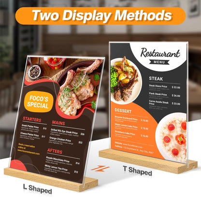 SVOPY 8.5 x 11 Acrylic Sign Holder with Wood Base - Tabletop Display Menu Stand - Clear Plastic L/T Shape Vertical or Slant Back Paper Holders - 3 pack
