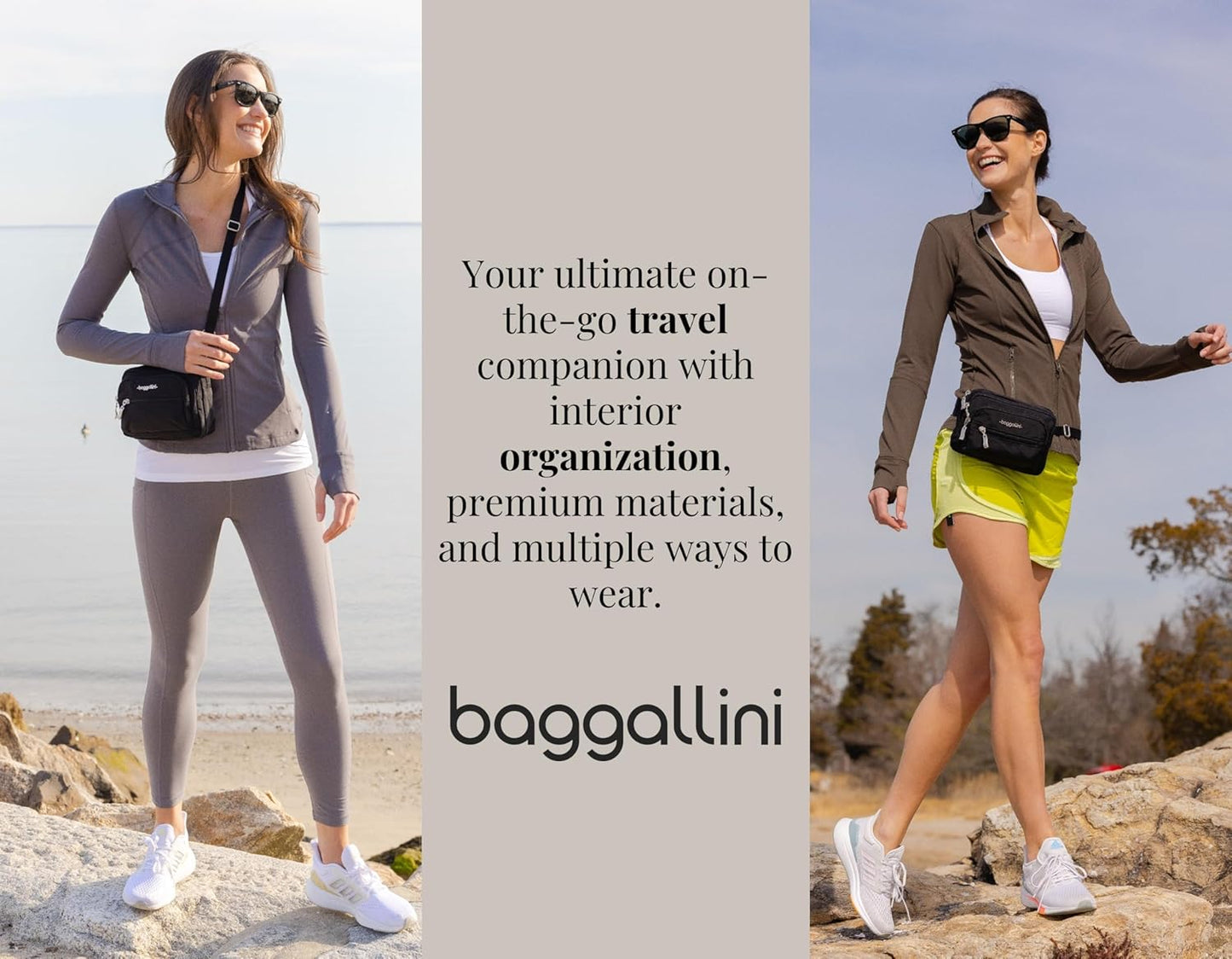 Baggallini Triple Zip Small Crossbody Bag for Women - 8x6 Lightweight Convertible Fanny Pack Belt Bag