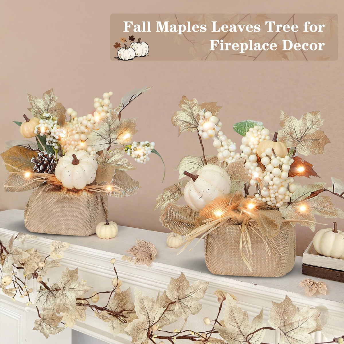 2 Styles & Timer Fall Decor- 2 Pack 11 Inch Tabletop Maple Tree Fall Decorations for Home, Lighted Fall Trees with 20 LEDs Battery Powered Leafed Pumpkin Cones Berry Autumn Thanksgiving Decorations