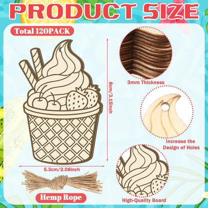 Thyle 120 Pcs Summer Ice Cream Crafts Bulk Wooden Ice Cream Ornaments to Painting DIY Unfinished Blank Wood Cutout for Crafts for Summer Party Activities