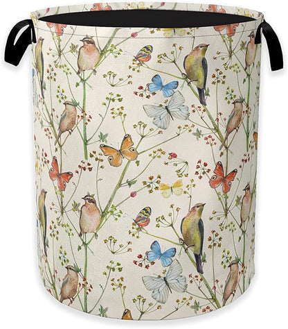 Laundry Hamper, Watercolor Bird Laundry Basket, Spring Flower Butterfly