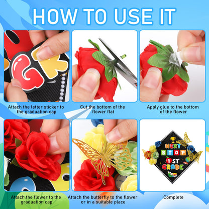cosmisun Kindergarten Graduation Cap Decorations - 28 Pcs DIY Grad Cap Decorations Kit, Faux Flowers 3D Butterfly Rhinestones Pearl Stickers for Hat Topper Crafts Gift, 2026 Graduation Party Supplies