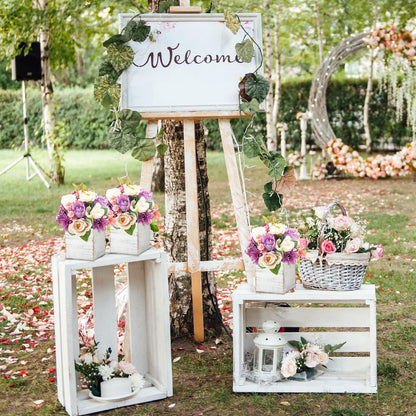 Dandat 12 Sets 4 Inch Wooden Cube Planter Boxes for Centerpiece Flower White Wood Rustic Square Vase with Removable Plastic Liner Floral Foam Block for Garden Wedding Home Arrangement Decor