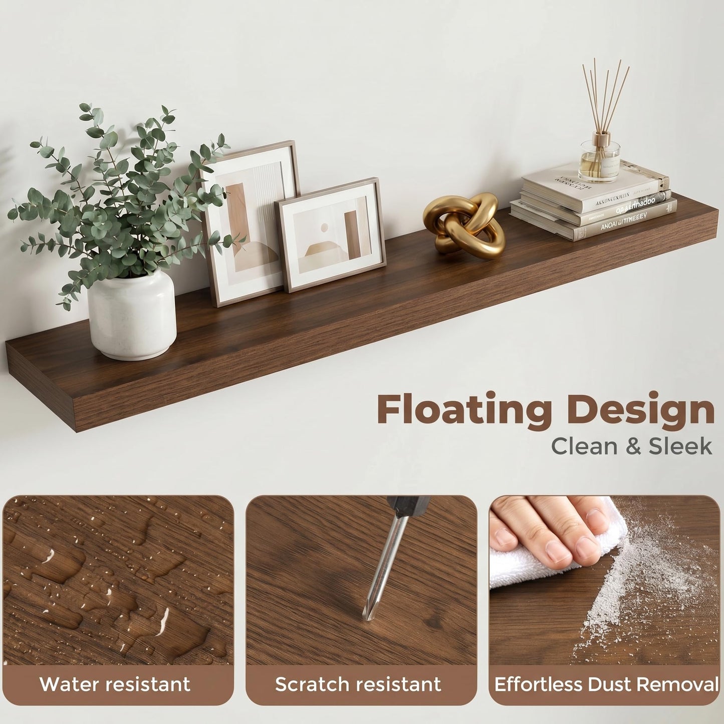 FLYJOE Floating Shelves for Wall, 48 Inch Floating Shelves Set of 2, 8" D Wooden Wall Mounted Display Shelves with Invisible Brackets for Living Room, Bedroom, Bathroom, Kitchen Decor, Walnut