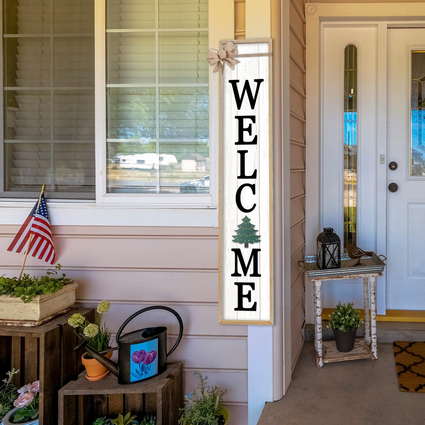 SRSZHIYUE Interchangeable Welcome Sign for Front Door Standing, 45"X9" with 12 Pcs Replaceable Icons Rustic Outdoor Tall Front Porch Farmhouse Outside Wreath Leaner Vertical Decor (Wood)