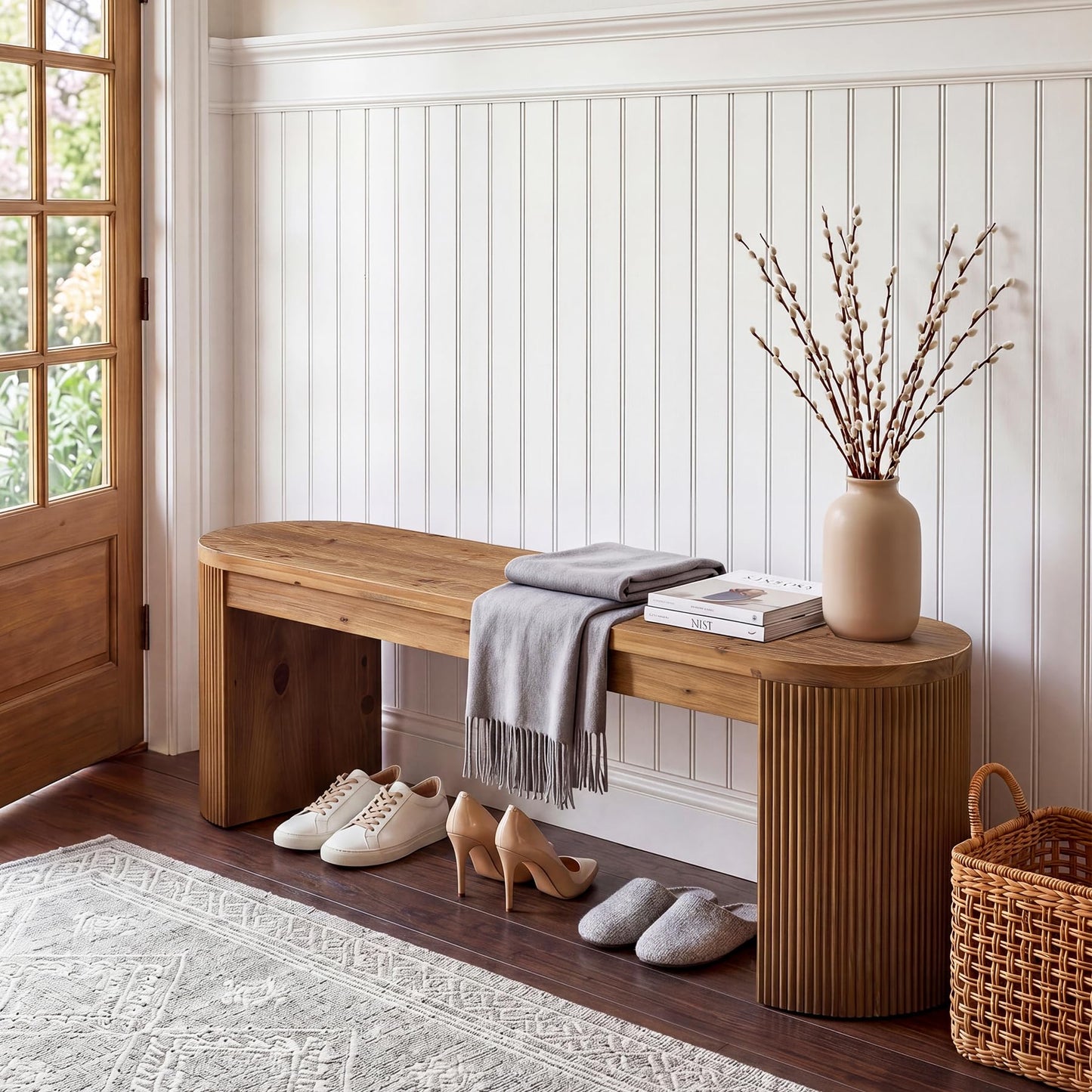 LITTLE TREE 55” Solid Wood Entryway Bench, Farmhouse Dining Bench with Fluted Legs & Half Round Curved Sides, Long Shoe Bench with Storage, Wooden End of Bed Bench for Bedroom, Dining Room