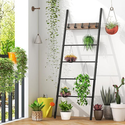 Tangkula Blanket Ladder, 5-Tier Ladder Shelf with 5 Removable Hooks, Wall-Leaning Decorative Blanket Holder with Metal Frame, Industrial Towel Display Rack for Living Room, Bathroom