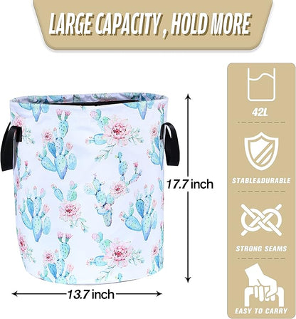 Cactus Flowers Laundry Basket Pink Floral Foldable Oxford Cloth Funny Tote Bag