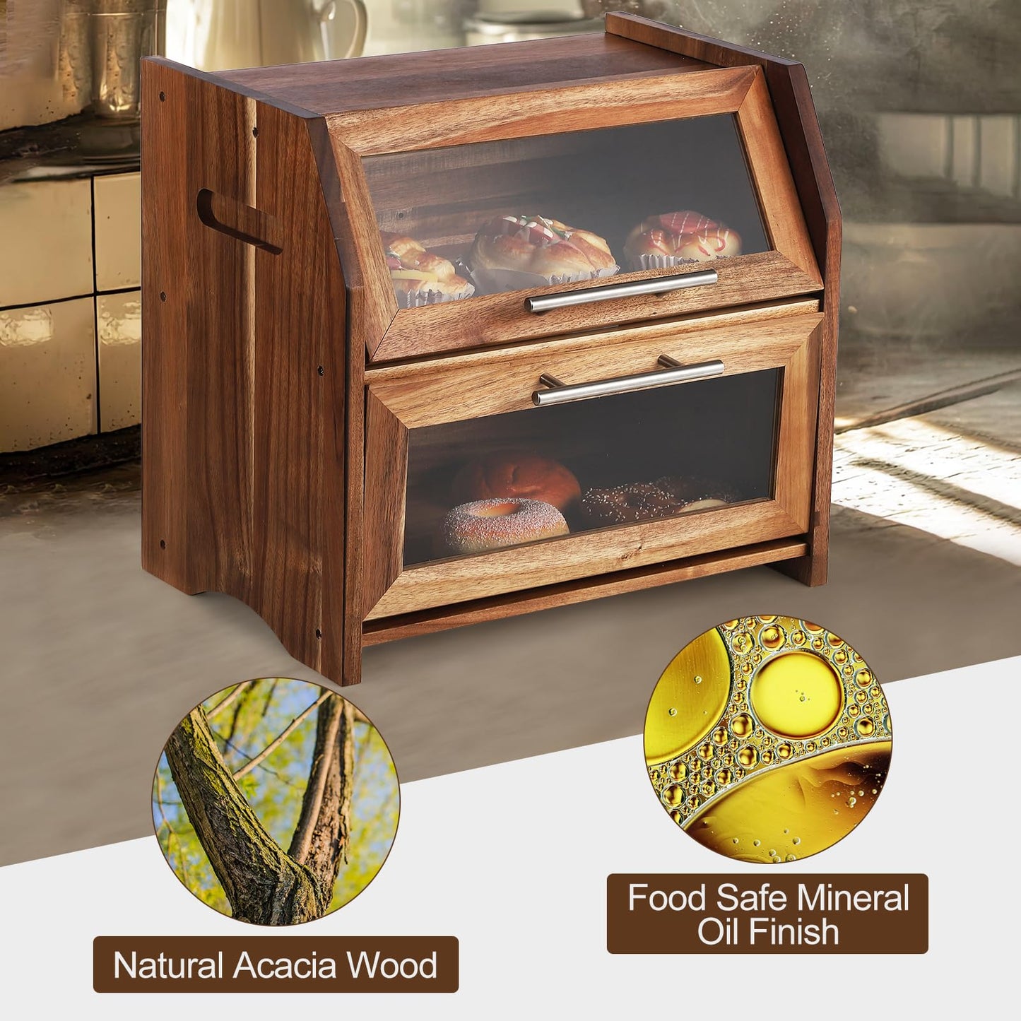 Bread Box, 2 Layer Bread Bin with Clear Acrylic Door Panel and Air Vents, Wooden Countertop Bread Storage Container, Farmhouse Bread Holder for Bread, Bagels and Rolls, Brown