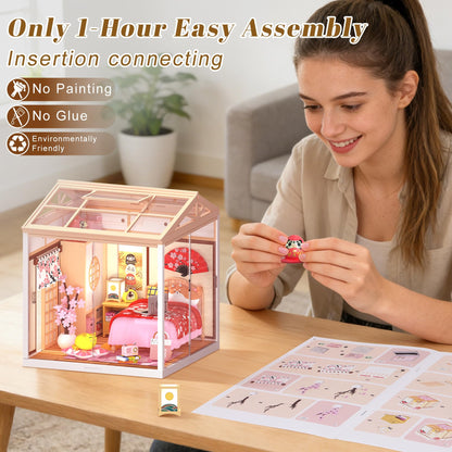 Loyratche DIY Japanese Bedroom Miniature House Kit, LED Light Mini Dollhouse Kit for Adults and Teens, with Roof & Dust Covers, Tiny House Gifts for Kids and Adults