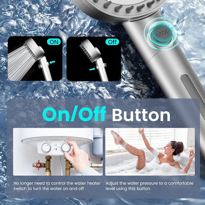 PWERAN Filtered Shower Head with Handheld, High Pressure 4 Spray Mode Showerhead with Filters, Water Softener Beads for Hard Water with ON/OFF Switch for Pets - Remove Chlorine (Silver, 5 inch Panel)
