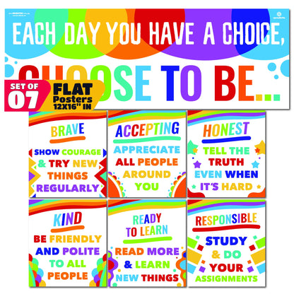 Sproutbrite 7 Educational Posters & Charts - 1 Big Banner 13.5" x 39" and 6 Smaller 12" x 13.5" - Kindness Posters – Motivational Chart and Wall Decor for Pre, Elementary and Middle School - Encourages Positive Choices and Character Development