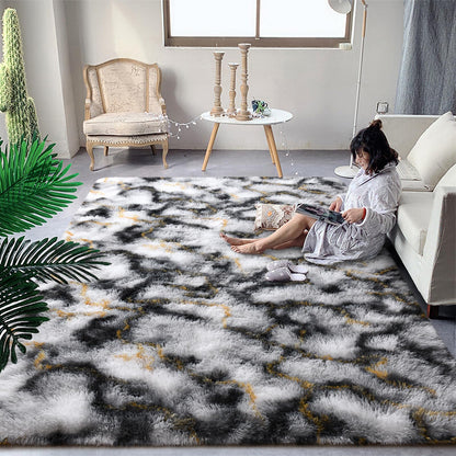 DweIke Fluffy Black White Gold Rugs for Bedroom Living Room, 4x6 Feet Soft Plush Shaggy Tie-Dyed Girls Boys Kids Rug, Upgraded Non-Slip and Machine Washable Carpet for Dorm Nursery Classroom Decor
