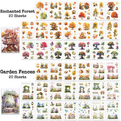 Knaid Scenery Sticker Set (490+ Pieces, 80 Sheets) 4 Pack Sticker Books Blooming Windows, Garden Houses, Enchanted Forest, Garden Fences Journaling Stickers for Scrapbook Bullet Junk Journals Planner
