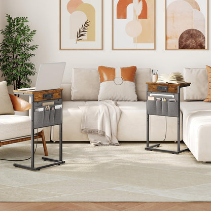HOOBRO C Shaped End Table with Charging Station, 28" H Couch Side Table Slide Under, Sofa Arm Tray Table with Storage Bag for Living Room, Recliner, Rustic Brown BF70USF01