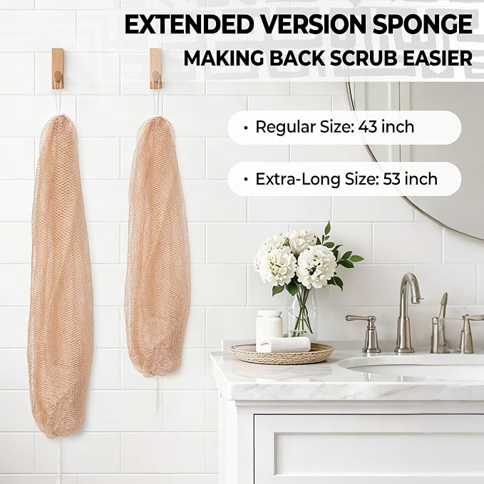 African Net Sponge Authentic - 2 Pieces 52IN Stretched Length Exfoliating Body Scrubber Bath Sponge - Loofah Washcloth Back Scrub for Shower Body Exfoliator