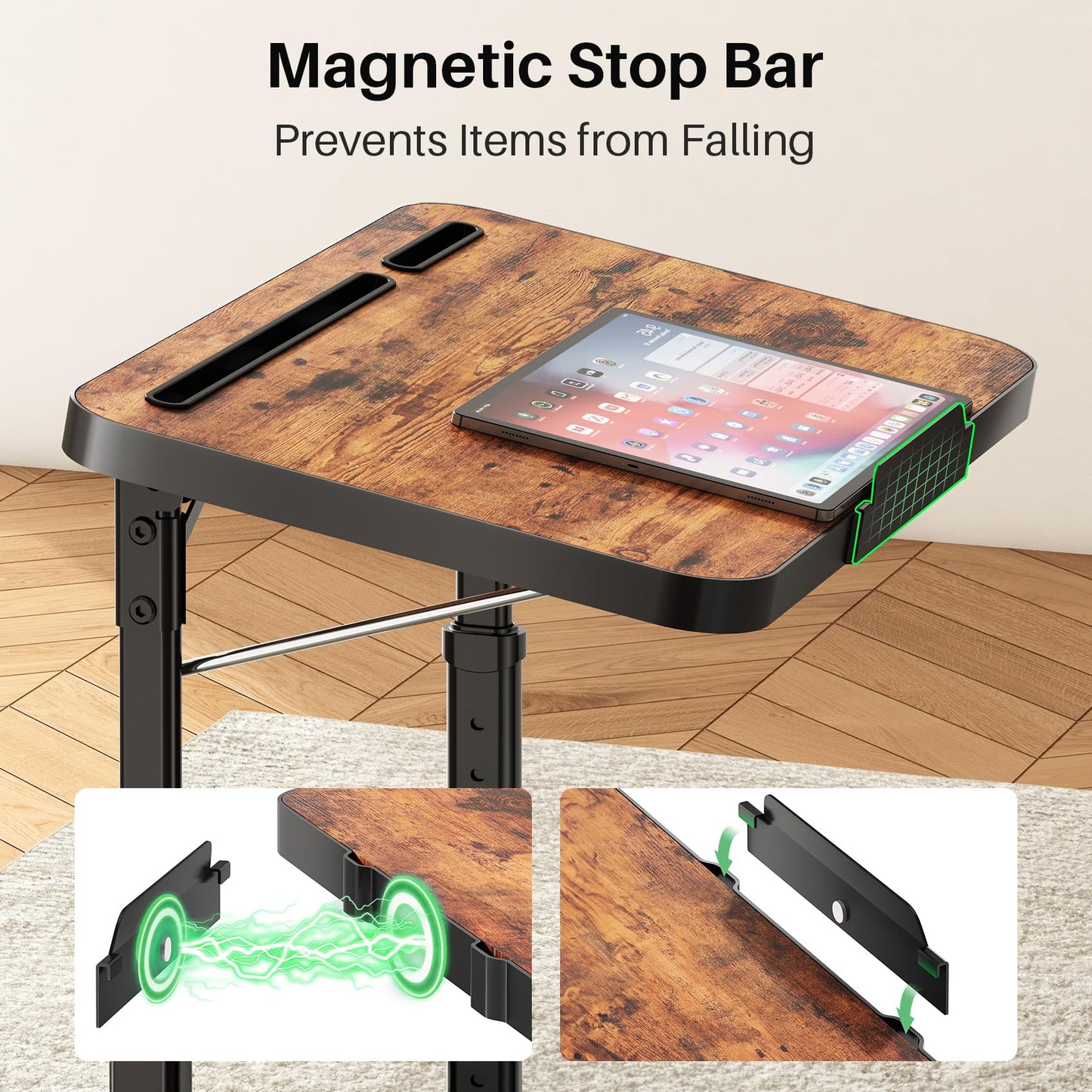 Kitstorack Adjustable TV Tray Table, Large Folding TV Food Tray with Tilting Tabletop, Rotatable Cup Holder, Device Slot & Anti-Slip Stopper, TV Dinner Tray Table for Couch, Bed, Work & Eating