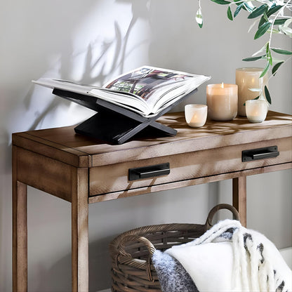 Honygebia Solid Wood Book Stands - Cross Frame Black Oak Wooden Book Holder, Open Bookstand for Display and Reading, Suitable for Art, Bible, Cookbook, Easel, Magazine, Textbooks